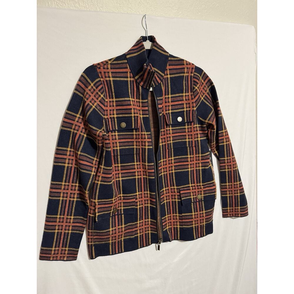 Rachel Zoe Navy Blue Plaid Zip Front Sweater Jacket Shacket, women’s size Medium